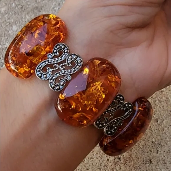 Bracelet Resin Amber Honey Cognac Tone Silver Stretchy Lithuanian Ethnic - Picture 7 of 13